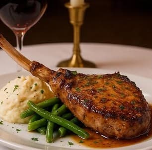 Grilled lamb chop with mashed potatoes and green beans