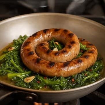 Italian sausage over sautéed broccoli rabe with garlic